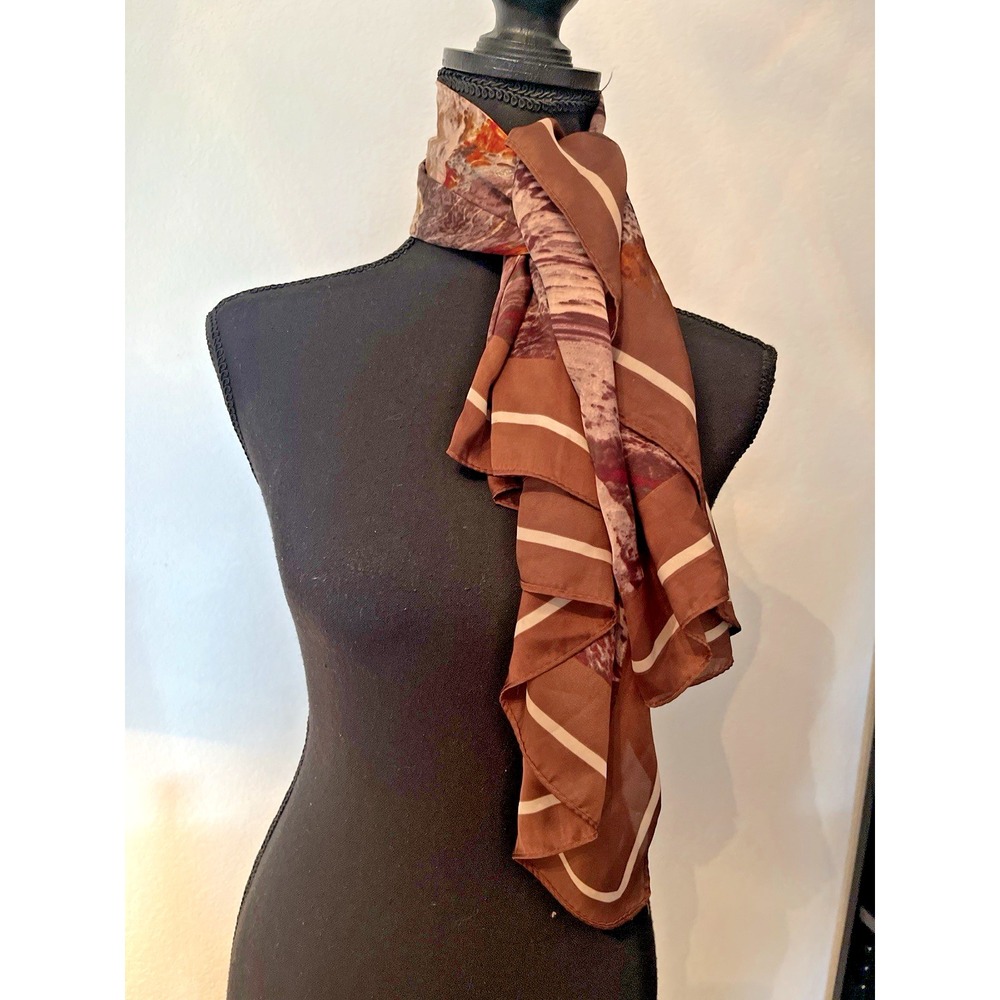 Women's 36x36 Square Scarf Brown Rust Abstract Marble Satin Silky Neck Head Wrap - Picture 2 of 4